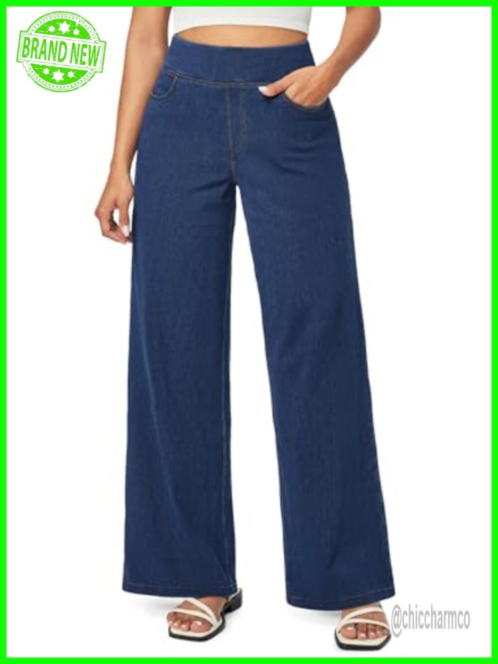 Wide Leg High Waisted Pull On Jeans Stretch Denim Pants Comfort